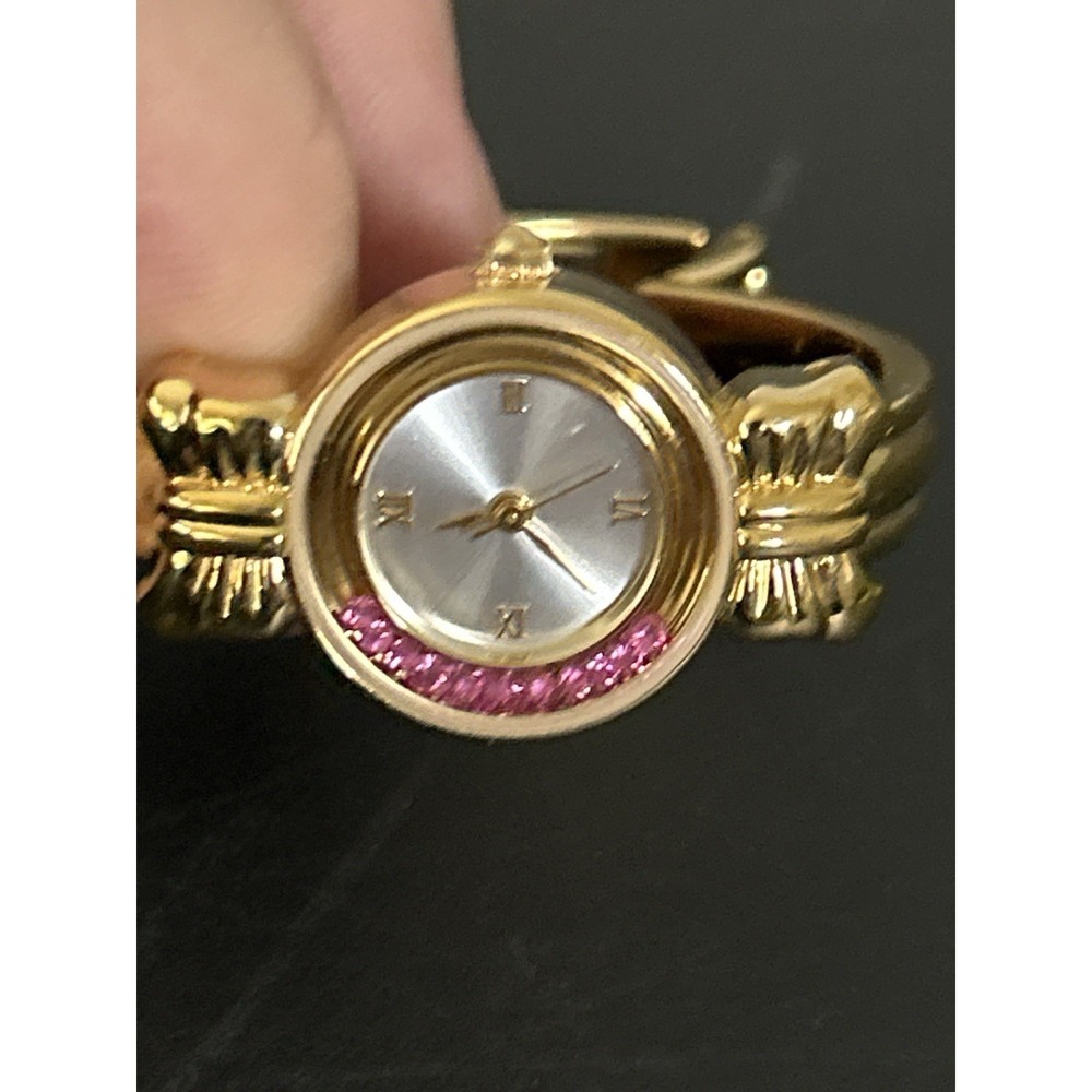 GoldTone Bracelet Watch Floating Lavender-pink Rhinestone Bezel Japan Quartz Y2K - Picture 9 of 9